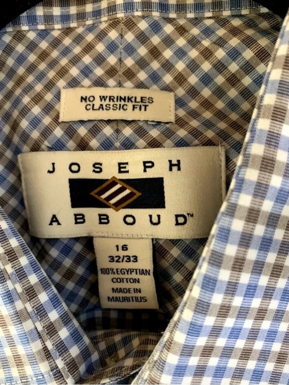 Joseph Abboud Men’s Egyptian Cotton, Button Down, Blue/Brown Checkered, 16 32/33 - Picture 6 of 6